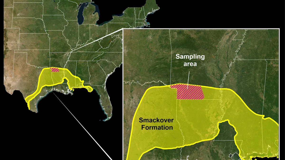 A map of the Smackover Formation region in the U.S., including the area sampled by the U.S. Geological Survey.