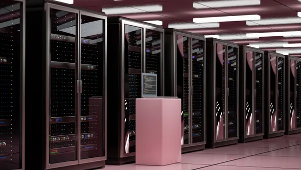 Server racks in a server room of a cloud data center are pictured.