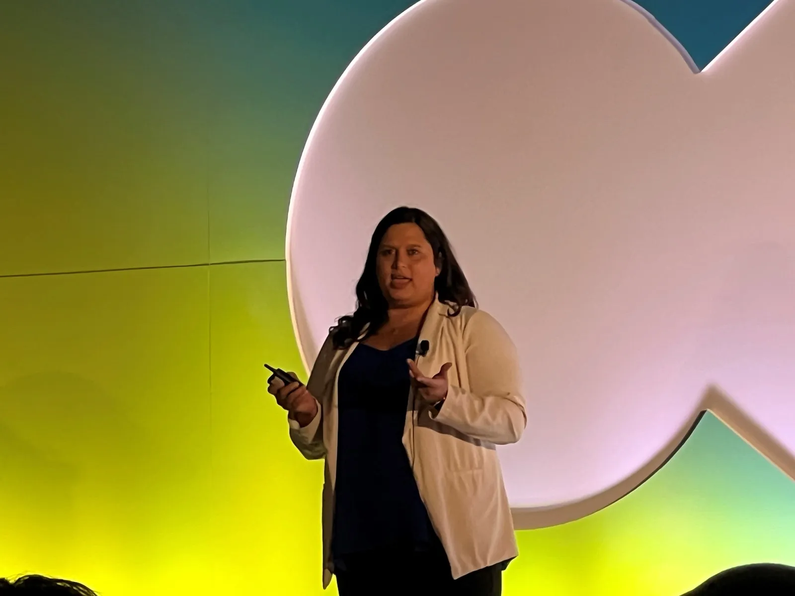 A photo of a person on stage in front of a white, yellow and blue wall speaking to an audience.