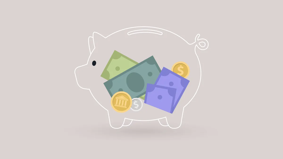 A glass piggy bank with paper money and coins inside, transparent banking service, financial industry - stock illustration