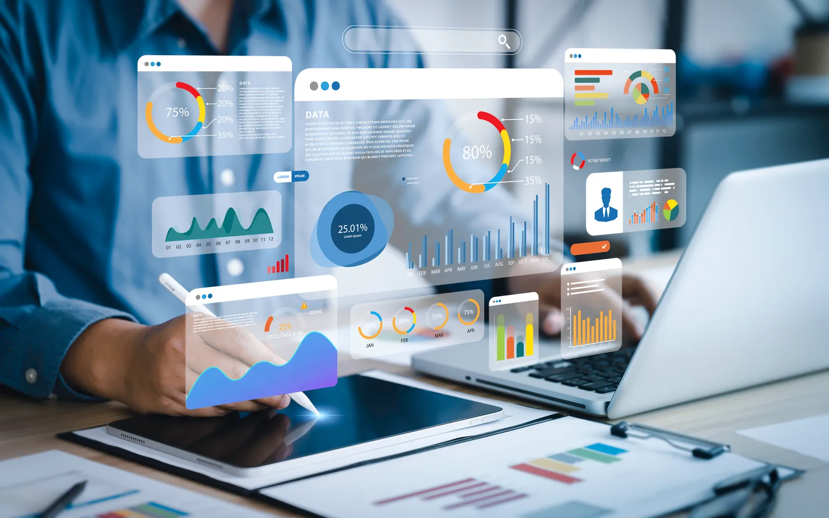 A businessperson reviews different types of data produced by technology