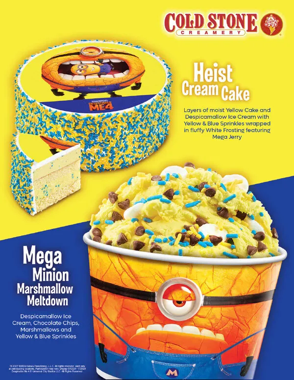 Cold Stone Creamery&#x27;s Despicable Me 4 Minion promotional flier for its cake and ice cream offerings