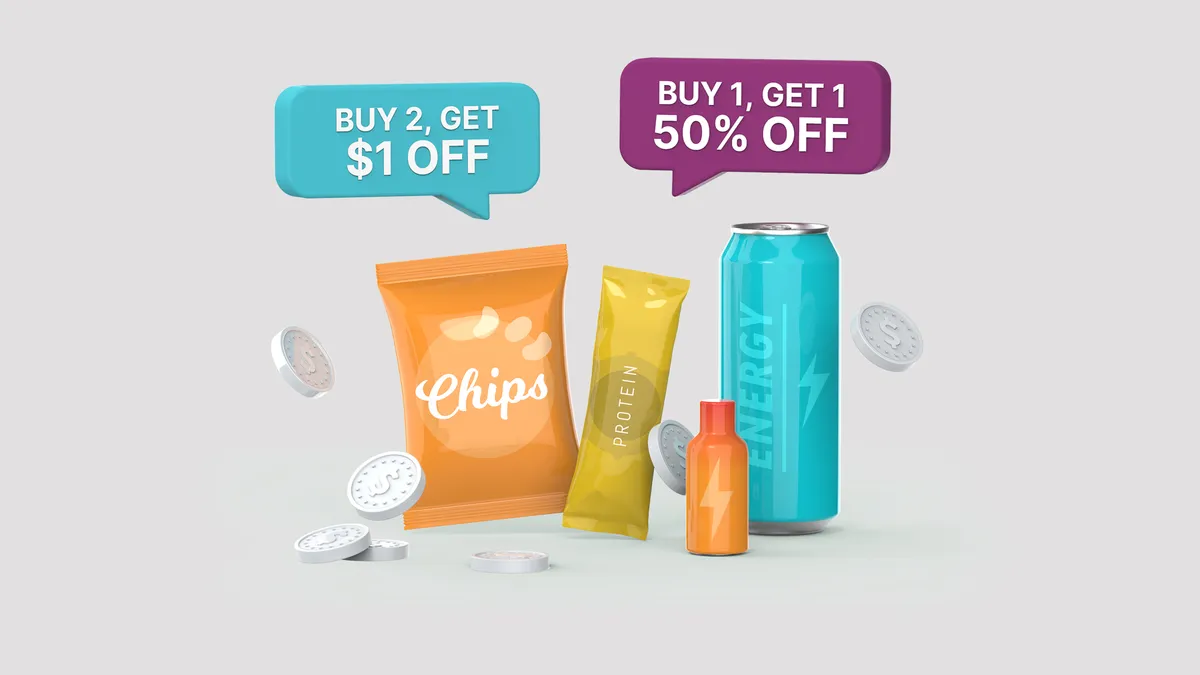 Snacks and beverages promoted with sale signs