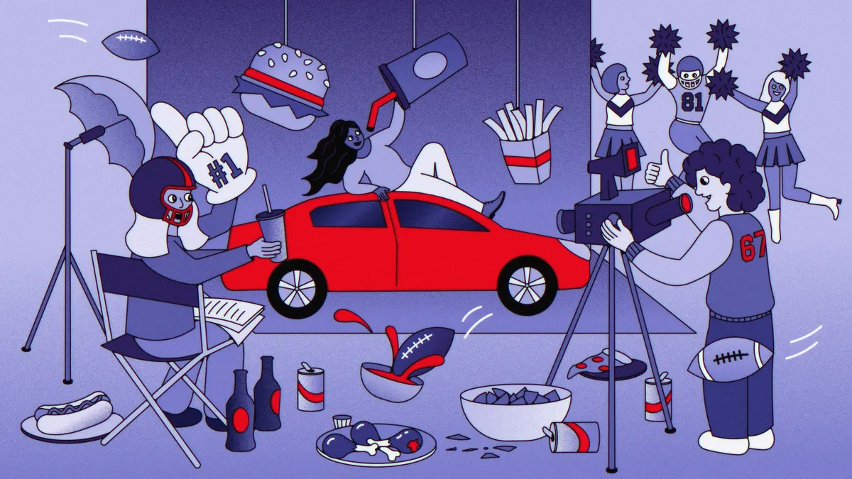 A flat, cartoon-style scene shows a bright red car at center, with a woman lounging on its roof and a person in a football helmet sitting in a director’s chair to the left. On the right, a person films with a camera on a tripod while cheerleaders and a football player jump in the background, and scattered snacks and floating items like a burger, fries, and footballs fill the scene.