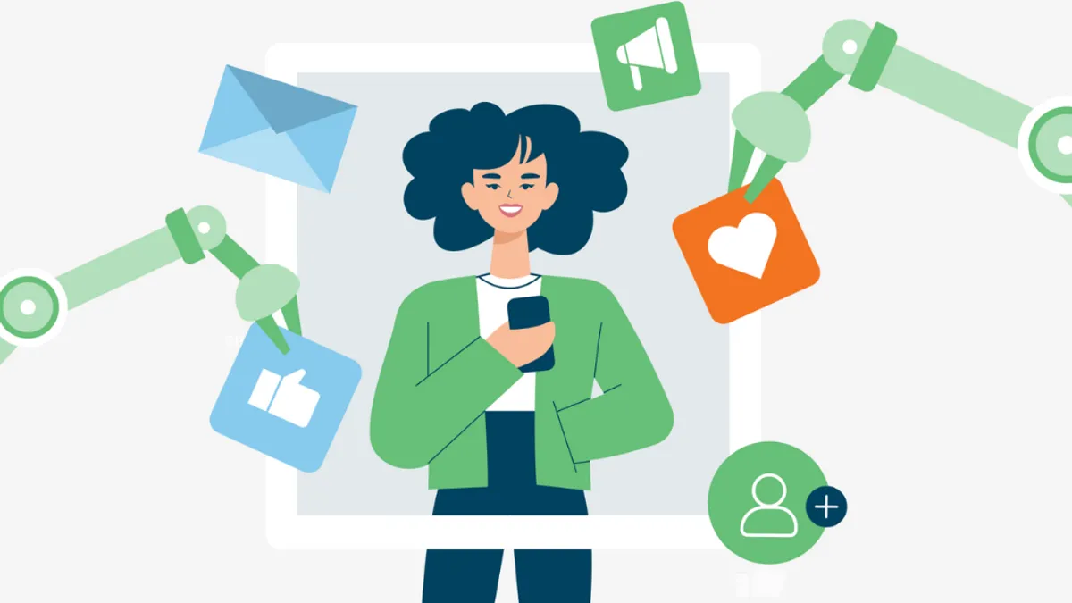 An illustration of a person in a green jacket and a smartphone next to robotic arms with social media icons.