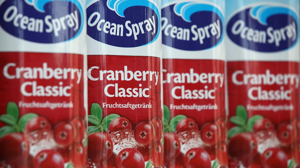 cartons of American brand Ocean Spray cranberry juice stand arranged on March 8, 2018 in Berlin, Germany.