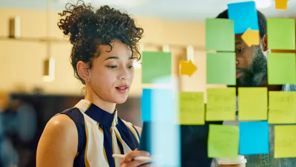 Executive team in front of board with sticky notes