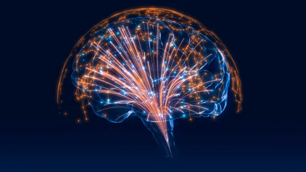 A digital outline of a brain with lights emerging from the stem, creating a half circle that looks like the globe.