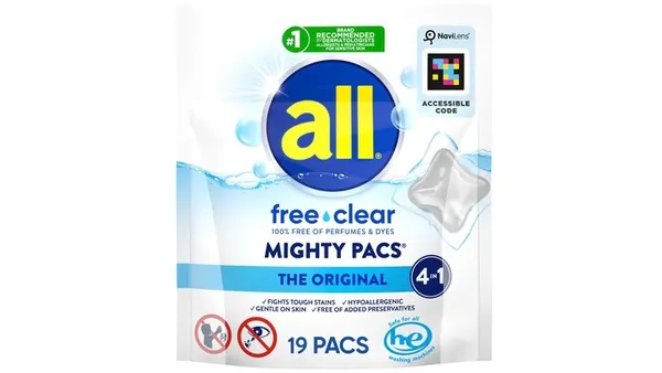 A pouch of All free clear detergent tablets with a NaviLens smart code on the front.