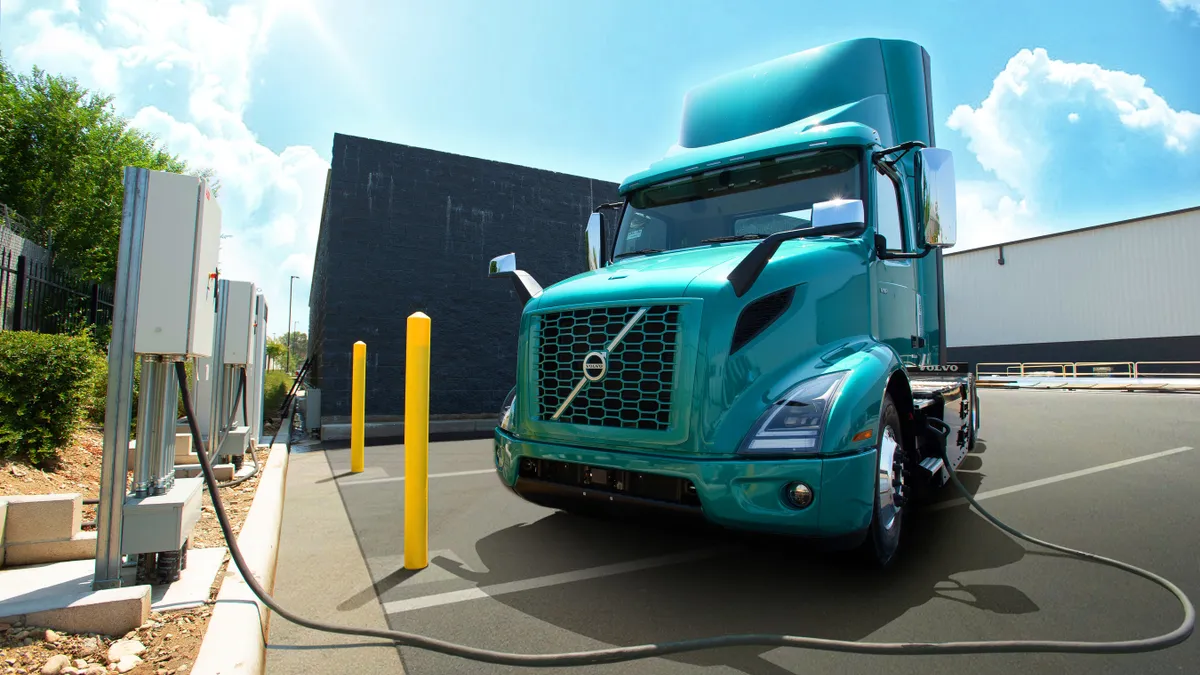 A Volvo VNR Electric charges at the high-powered chargers available to fleets at TEC Equipment, Fontana.