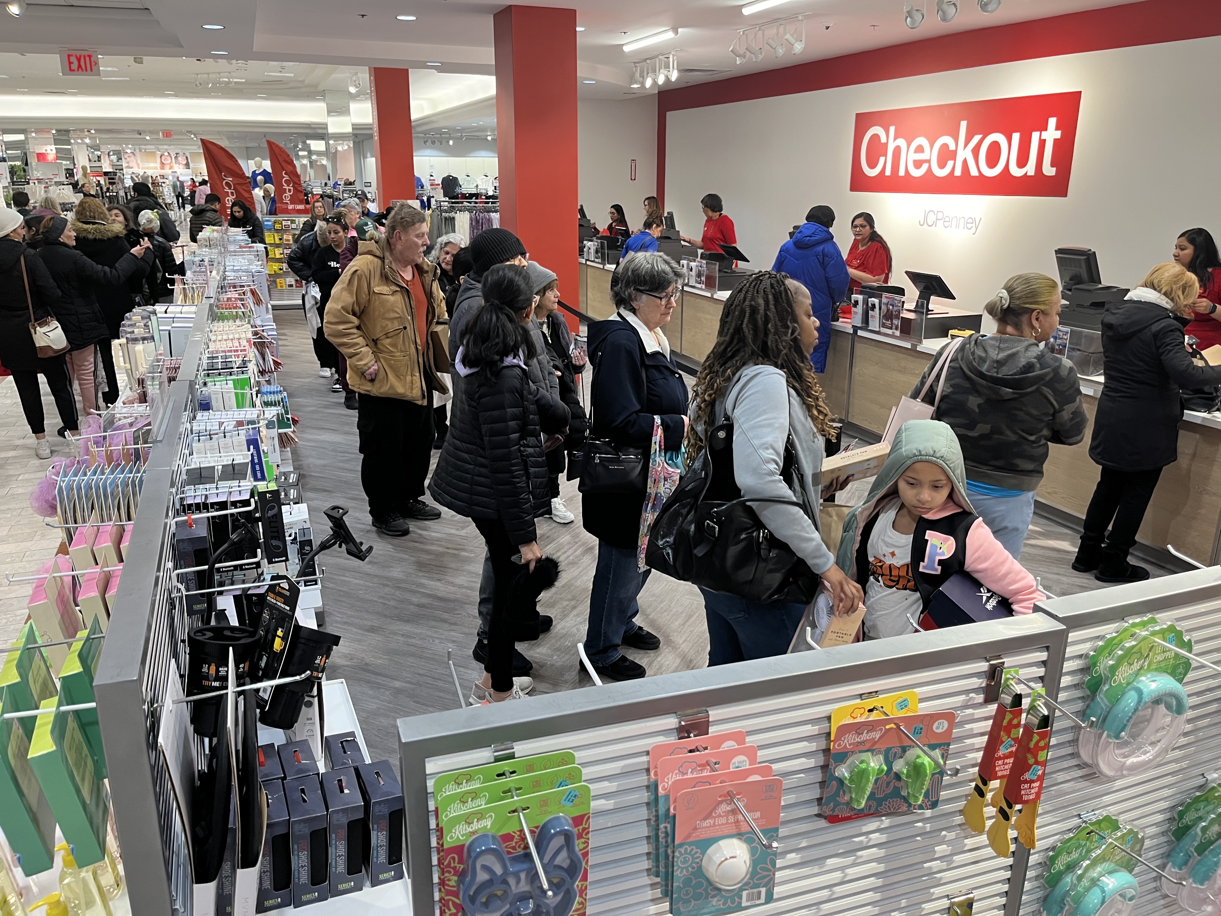 A line of people wait at a store checkout.