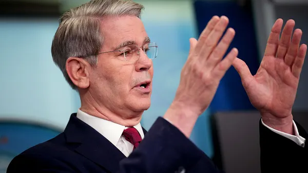 Scott Bessent, secretary of the Treasury Department, speaks while gesturing with his hands.