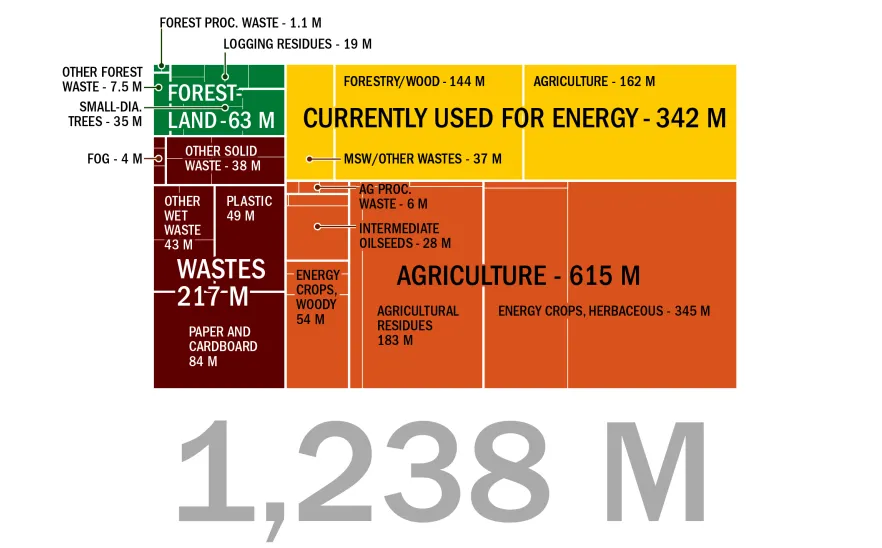 Graphic breaking down 1,238 million into categories including &quot;Agriculture,&quot; &quot;Wastes,&quot; &quot;Currently used for energy,&quot; and &quot;Forestland&quot; and their subcategories.