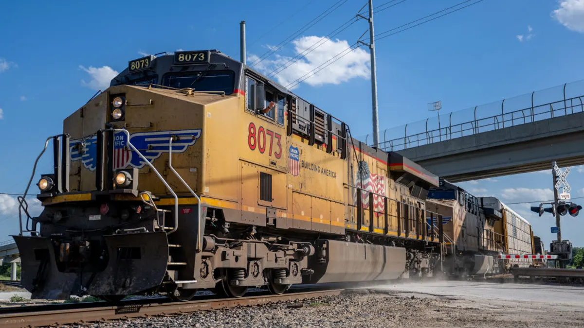A traveling Union Pacific freight train