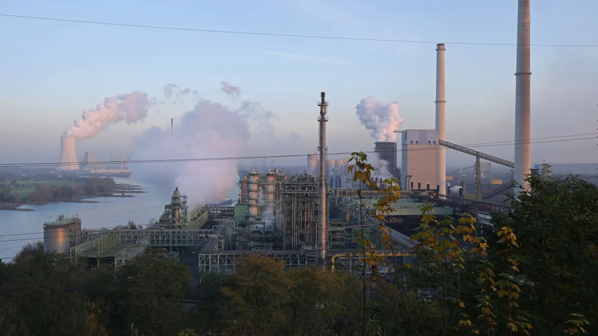 The Thyssenkrupp Steel Europe steelworks stands in the early morning on Nov. 9, 2021 in Duisburg, Germany.