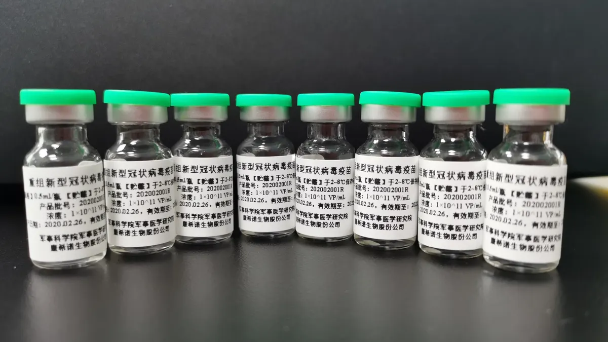 Vials of an experimental coronavirus vaccine developed by CanSino Biologics