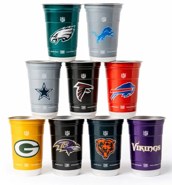 Nine stacked aluminum cups with different NFL team branding on the exterior.
