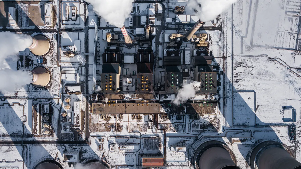 Aerial View of Coal-Fired Power Station in Winter.