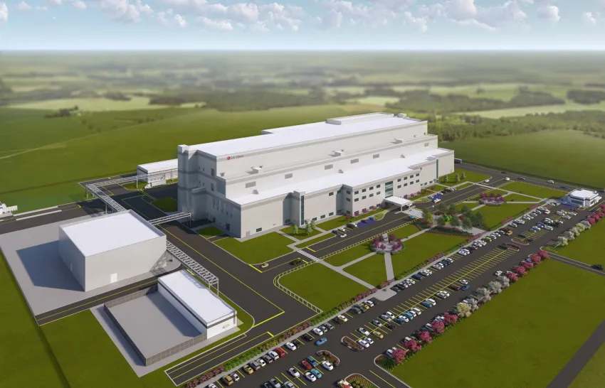 A color rendering of a white manufacturing building.