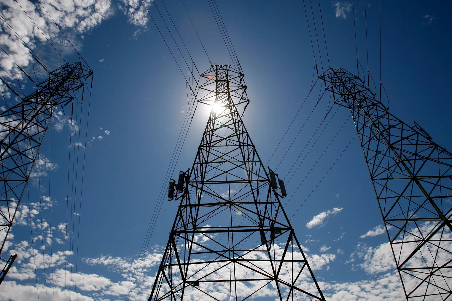 Three towers carrying electrical lines in San Francisco, California.