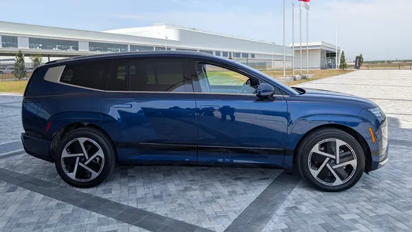 A blue Hyundai IONIQ 9 parked outside of the automaker's Metaplant America EV plant in Bryan County, Georgia.