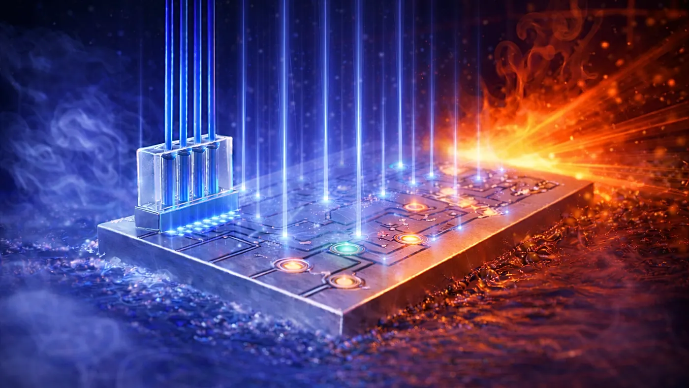 Illustration of a photonic integrated circuit, with components bonded using a technique that enables the circuit to survive and operate in extreme environments.