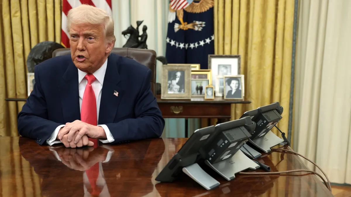 President Donald Trump addresses reporters at the White House on March 6, 2025.