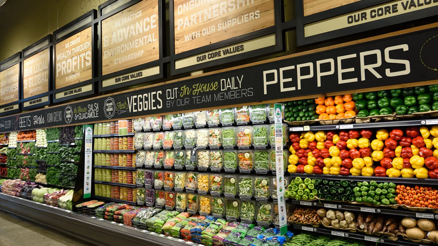 Produce case in Whole Foods store