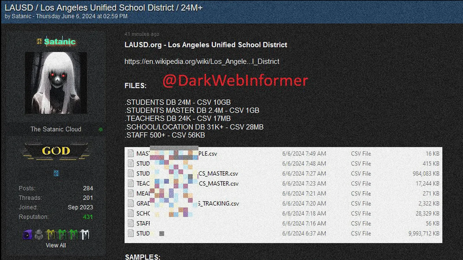 A screenshot of student and faculty information being sold on the internet. The screenshot includes a profile picture of a menacing creature. The profile name reads, “The Satanic God.”