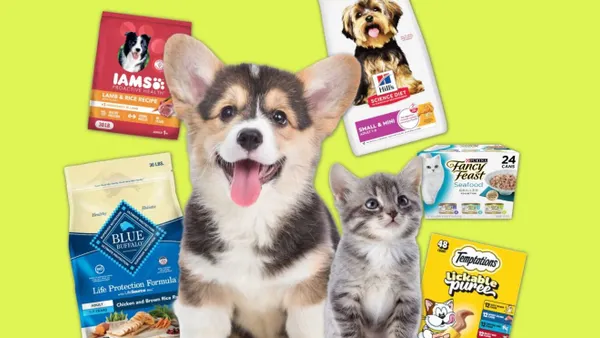 A dog and a cat surrounded by pet products.