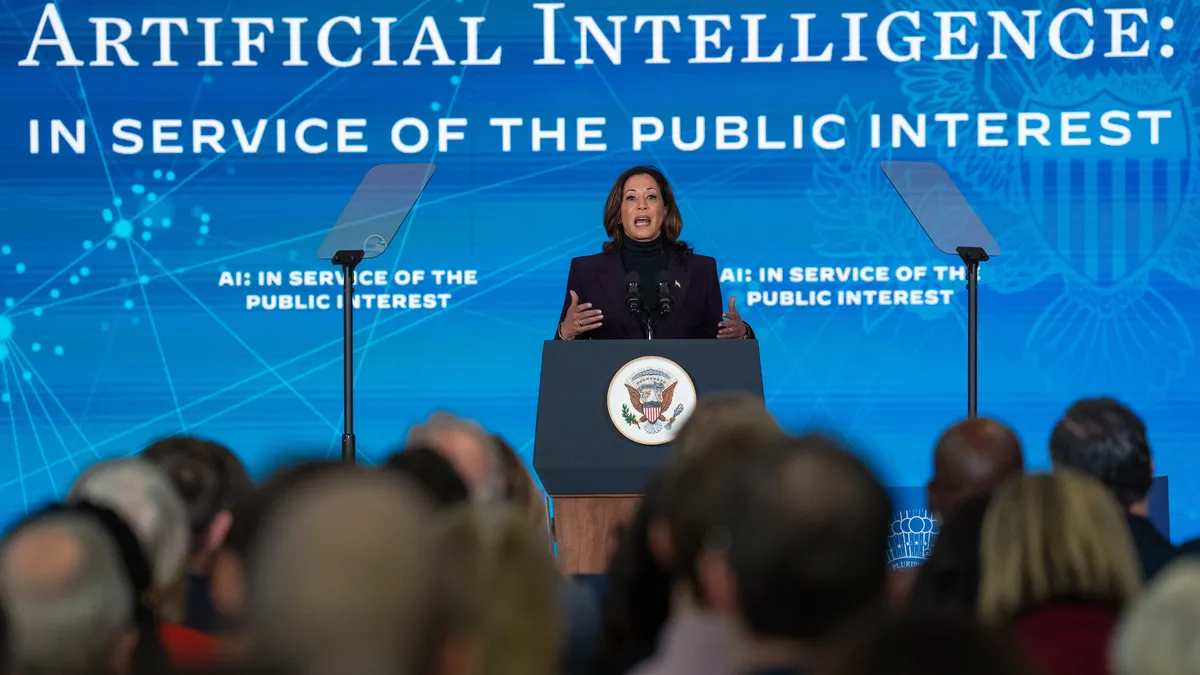 United States Vice President Kamala Harris delivers an address on AI policy at the U.S. embassy on November 1, 2023 in London, England.