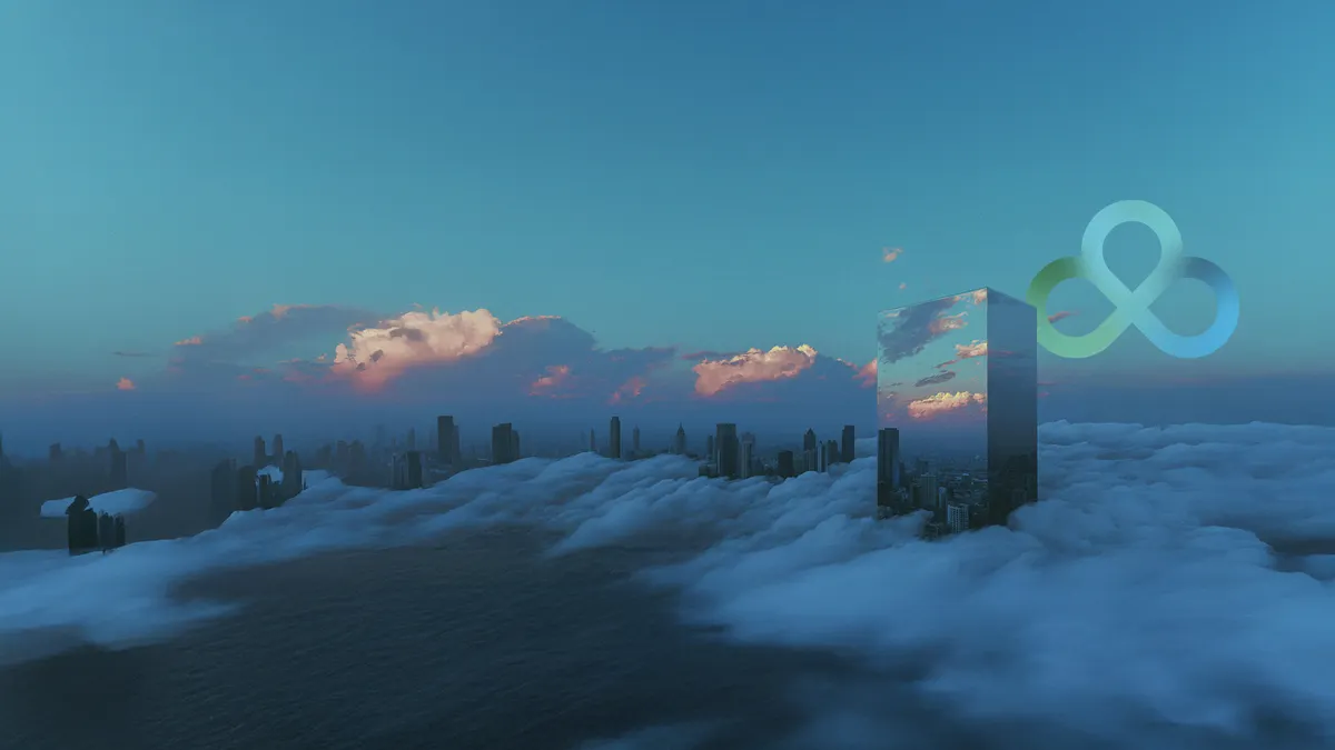 A futuristic city skyline partly covered in thick clouds, with tall skyscrapers emerging above them.