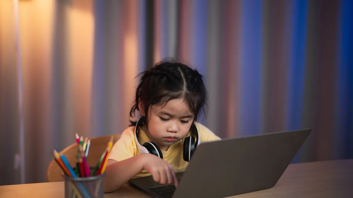 A young child uses a laptop computer at home.