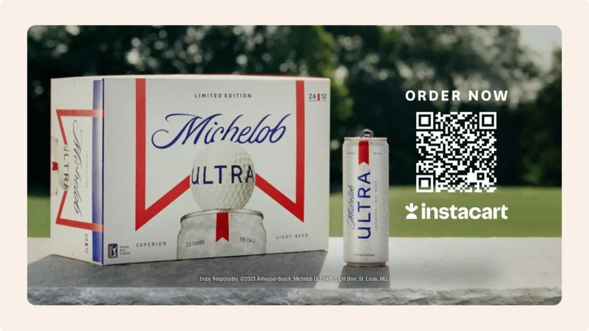 Campaign image showing Instacart and Michelob Ultra's shoppable TV commercial timed to Super Bowl LVII