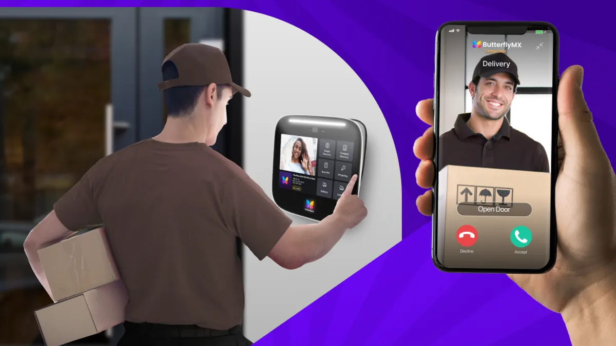 An image of a delivery person using ButterflyMX's new intercom system and a hand showing the intercom image on their smartphone.