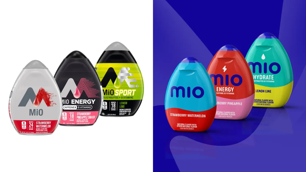 Kraft Heinz brand Mio products before and after a rebrand