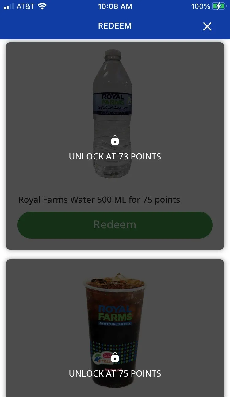 A screenshot of the rewards catalog of the Royal Farms loyalty app.