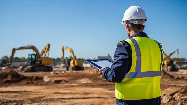 Man looking at tablet at construction site with excavator