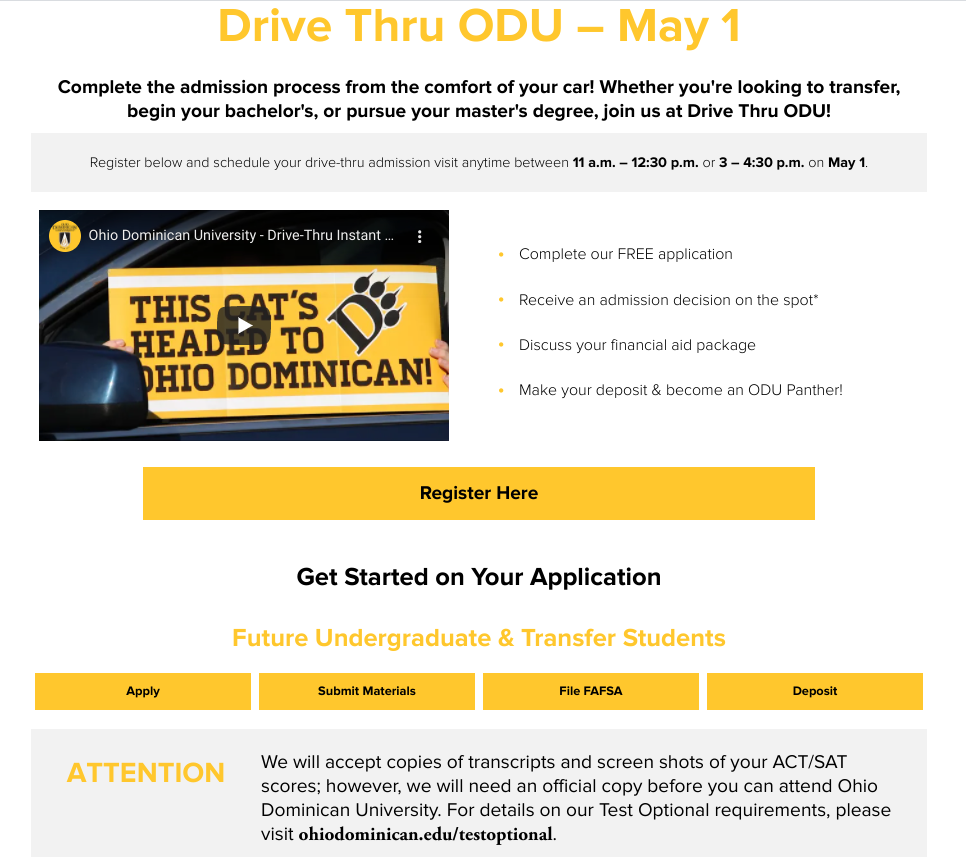 A screenshot of a webpage dedicated to Ohio Dominican University's drive-through event.