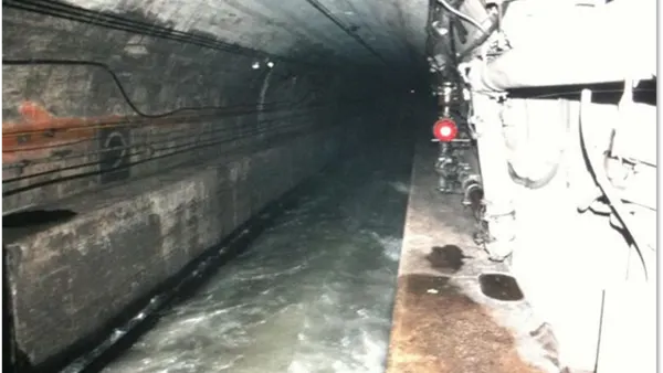 Interior view of the East River rail tunnel in New York City flooded during Hurricane Sandy.