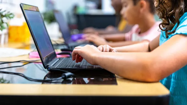 Elementary school students work on laptops in a computer lab.