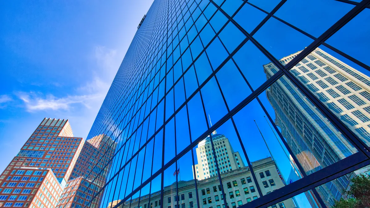 A view of the facades of commercial skyscrapers in Boston's bustling Copley Square