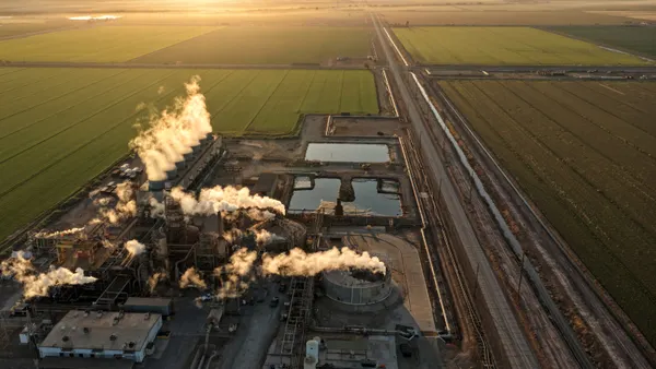 An aerial view of a conventional geothermal power plant near the Salton Sea in California.