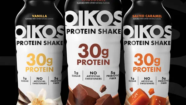Bottles of Oikos Protein Shakes