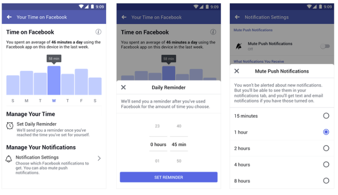 Screenshots of Facebook's new activity insights