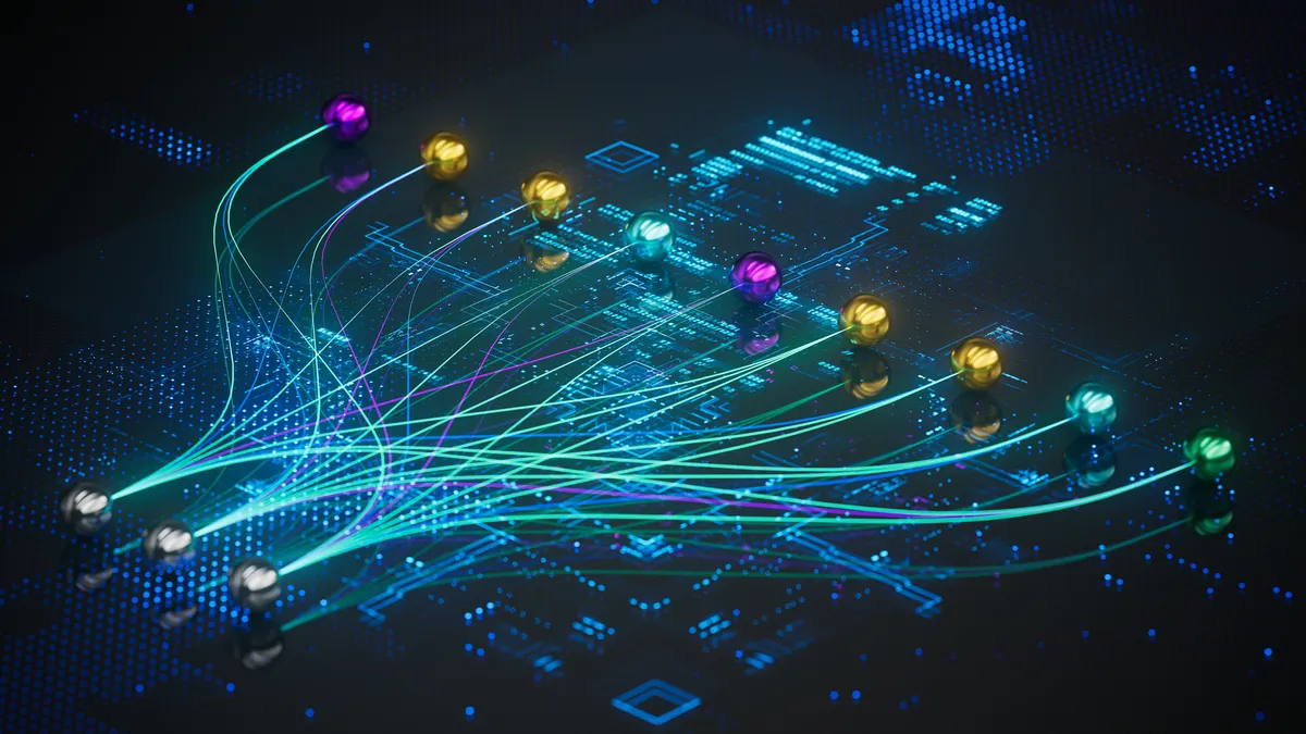 Blue threads moving from silver marbles to colored marbles