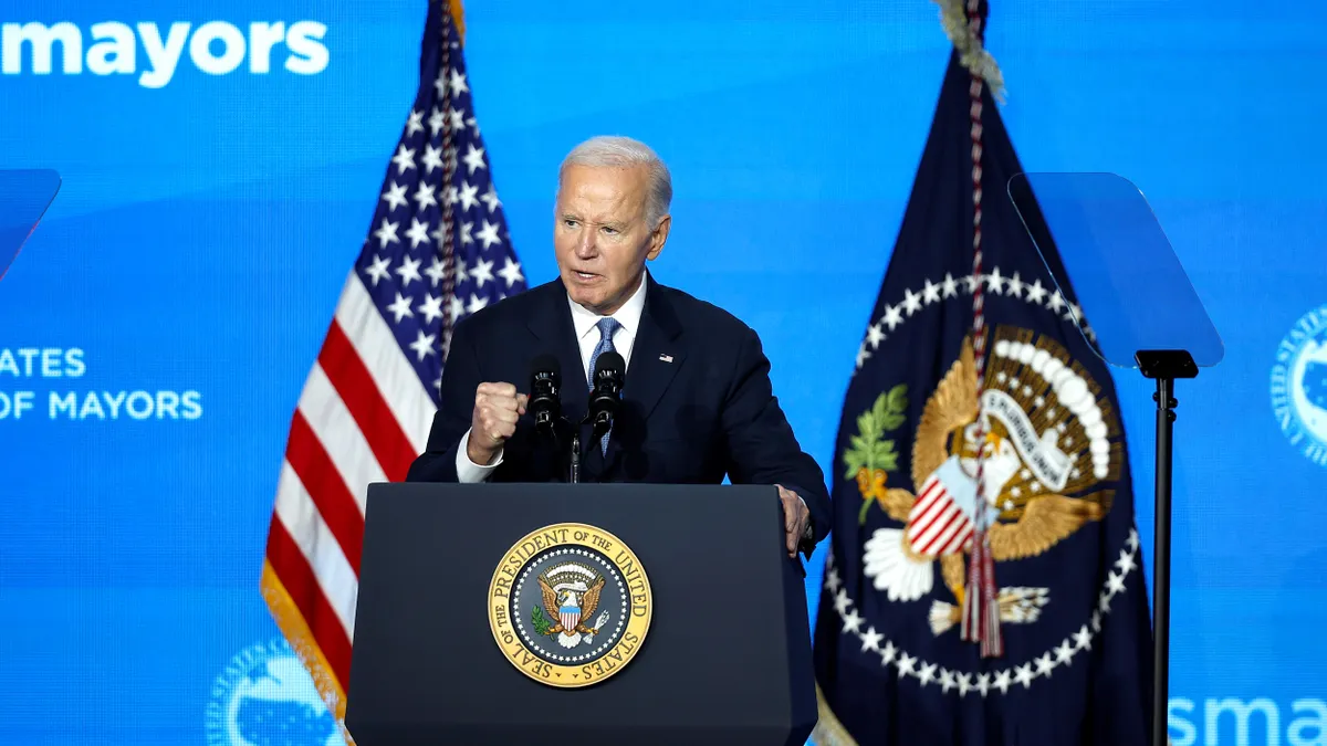 U.S. President Joe Biden delivers remarks at the U.S. Conference of Mayors 93rd Winter Meeting on Jan. 17, 2025, in Washington, D.C.