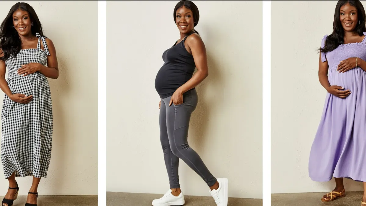 A pregnant woman wears three different outfits of maternity clothes.