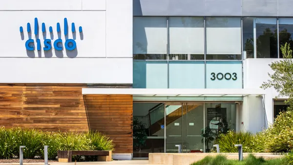 An office building with the Cisco logo on it is pictured in Santa Clara, California.