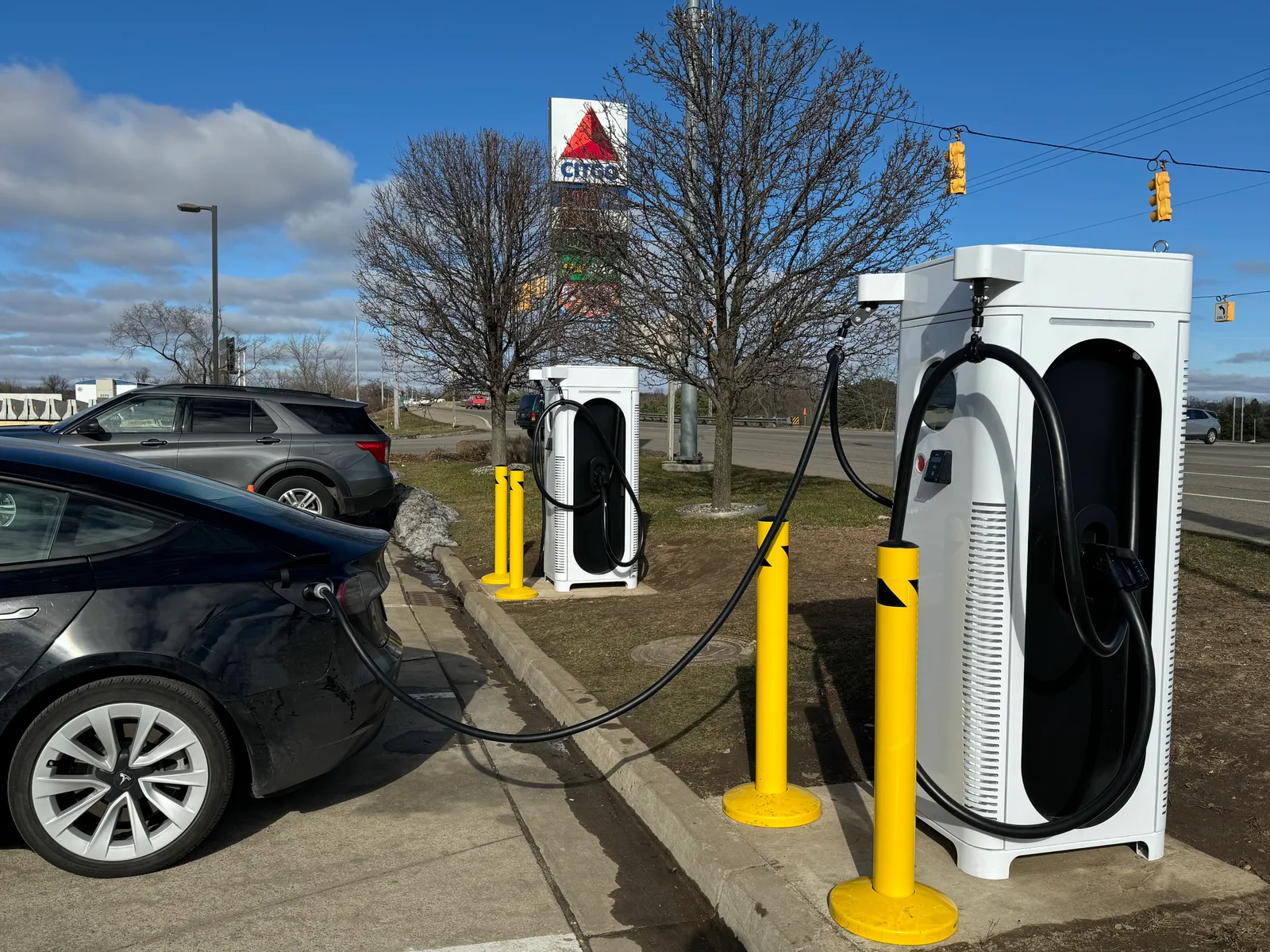 A photo of two XCharge EV chargers at a Citgo in Battle Creek, Michigan.